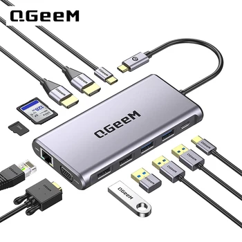 QGeeM USB-C Græjur Stöð,12 í 1 USB-C Hub Fartölvu Græjur Stöð Tvöfalda að Fylgjast með,Þrefaldur Sýna USB Tegund C Bryggju 4K Tvöfalda SAMBAND