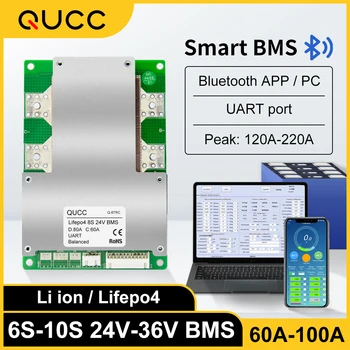 Qucc 10S 36V 8S 6S 100 80A 60A Klár BMS Li meðtalin Lifepo4 24V 36V UART Bluetooth bms með Jafnvægi Hiti Vernd